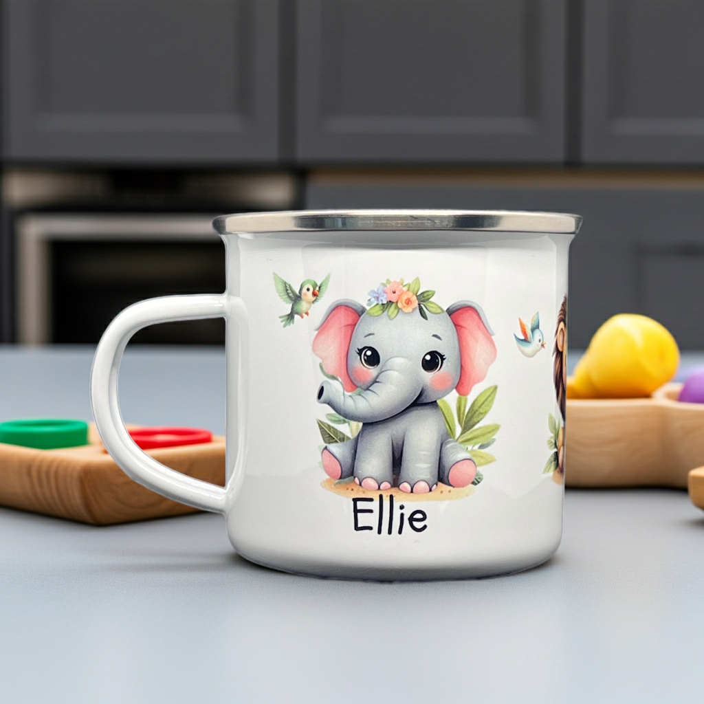 Childs cup. Personalised  enamel cup. Unbreakable kids cup. baby animals with child’s name on both sides. Child’s gift. Camping mug Kids cup