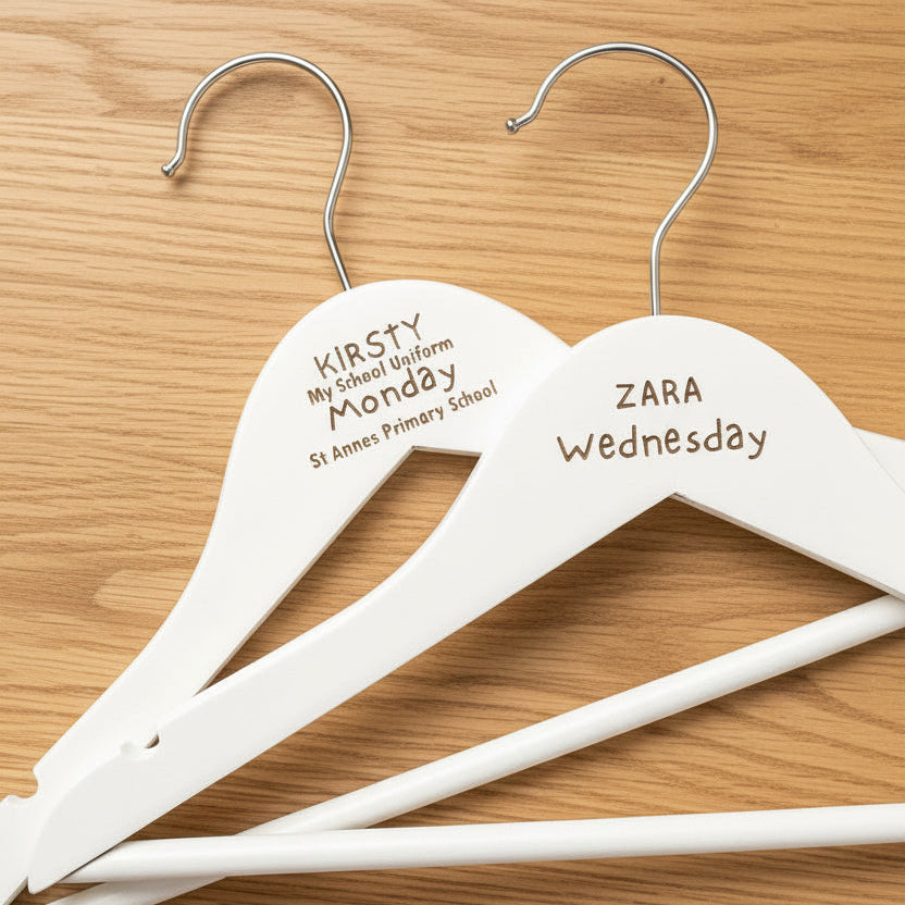 Personalised Children's Engraved Wooden School Hangers | Weekday Uniform Organiser