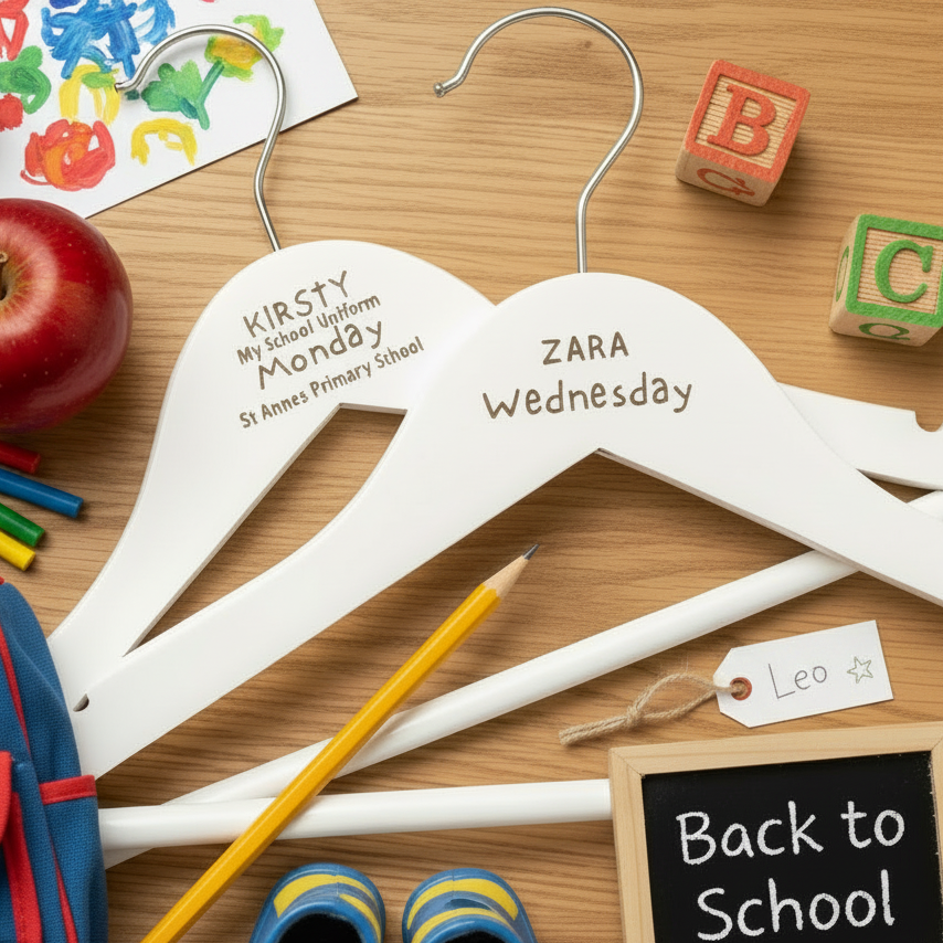 Personalised Children's Engraved Wooden School Hangers | Weekday Uniform Organiser