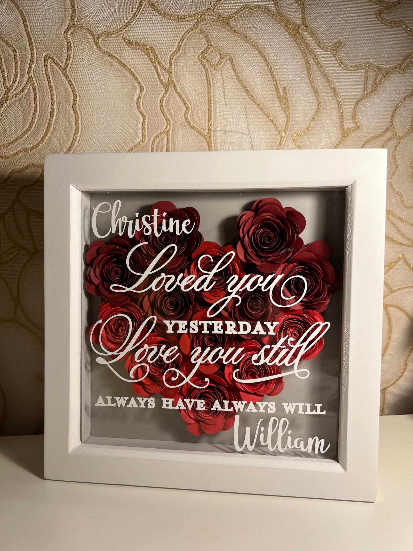 Shadow box heart, 3D rolled paper flowers personalised handmade paper roses, heart with verse, flower box,Valentines, 16.5 cm x 16.5cm frame
