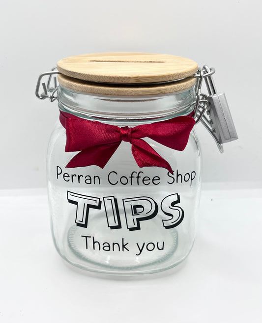 Personalised Tips glass jar Money Box . Savings jar . Business tips jar , hairdressers, cafes, etc. Money jar, coins and notes. 2 sizes…