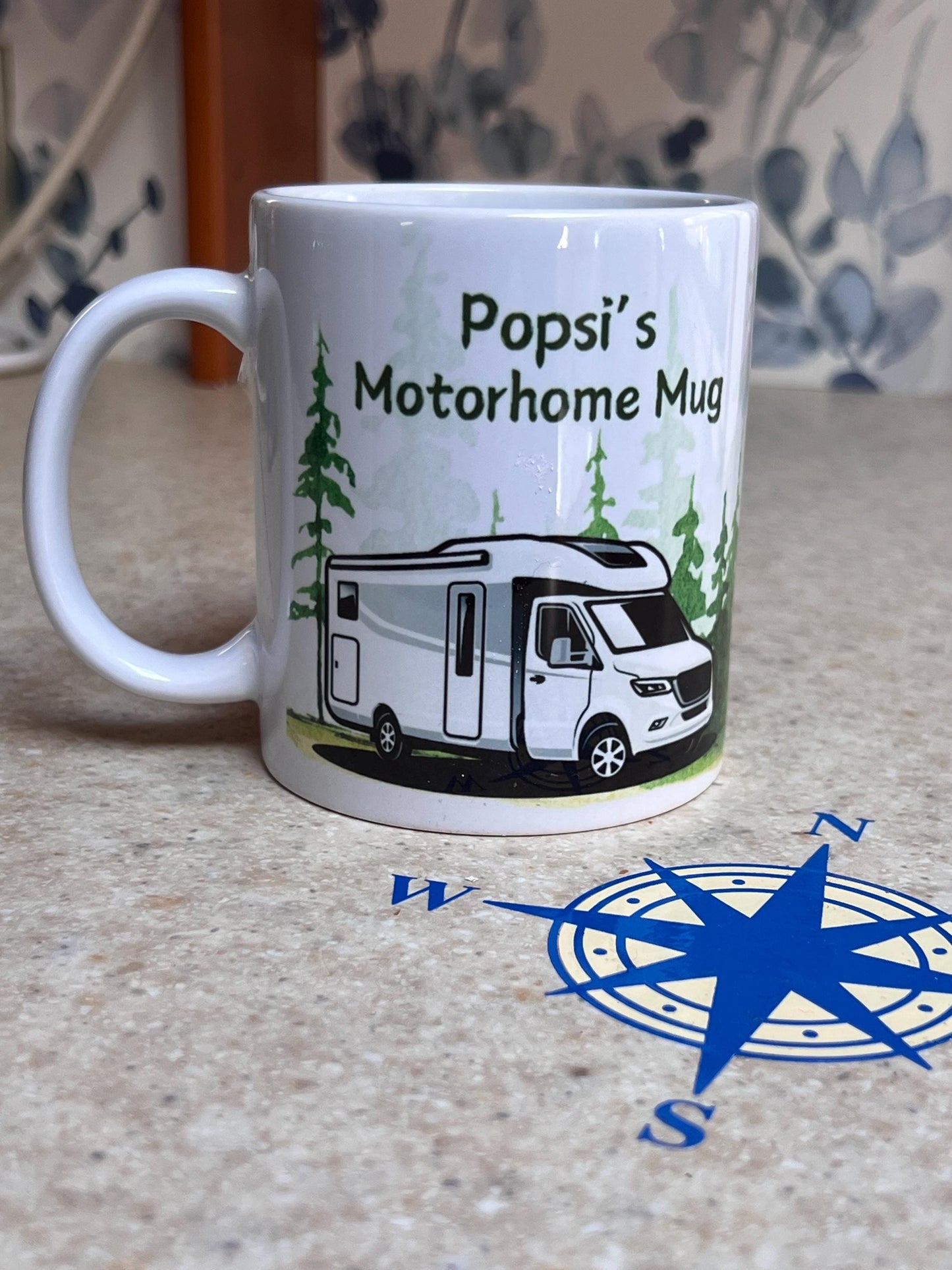 Motorhome personalised mug. Custom made with name. Motorhome set in a watercolour forest background. Motorhome gift.