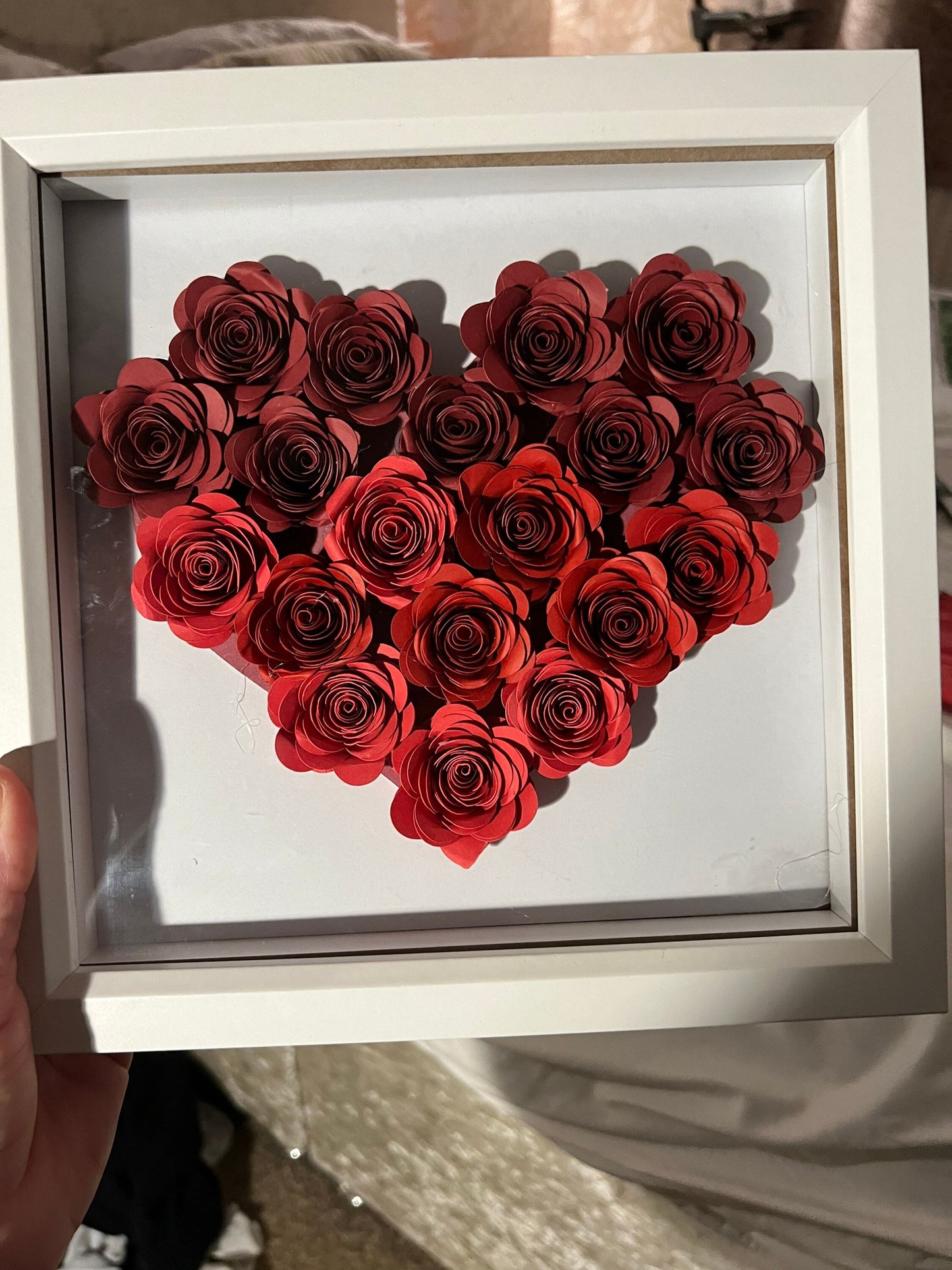Shadow box heart, 3D rolled paper flowers personalised handmade roses, heart, Flower box Valentines, love, Anniversary,