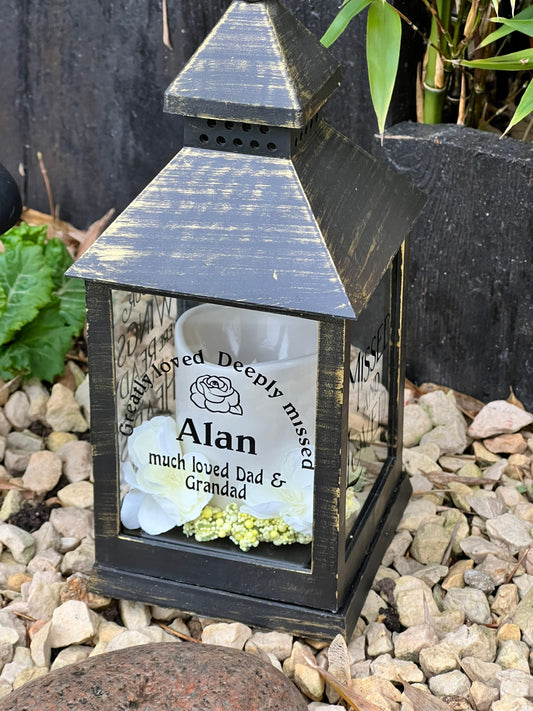 Personalised Memorial Lantern choice of flower colour, Mum, Dad, Nan, Grandad Wife , husband etc.  Graveside ,Home. Auto candle custom order