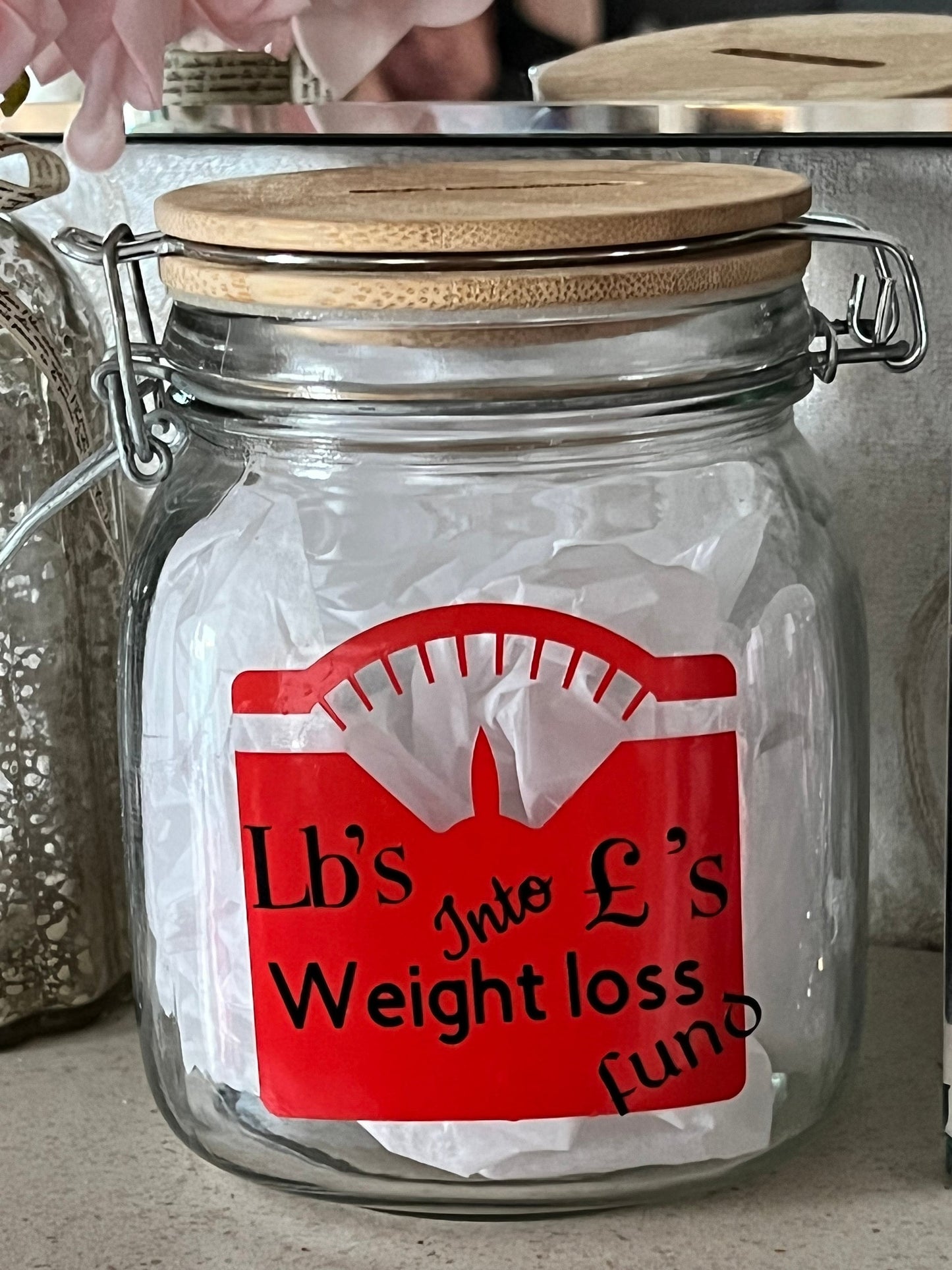 Personalised weight loss money jar. Lbs into pounds , diet jar. Money box.