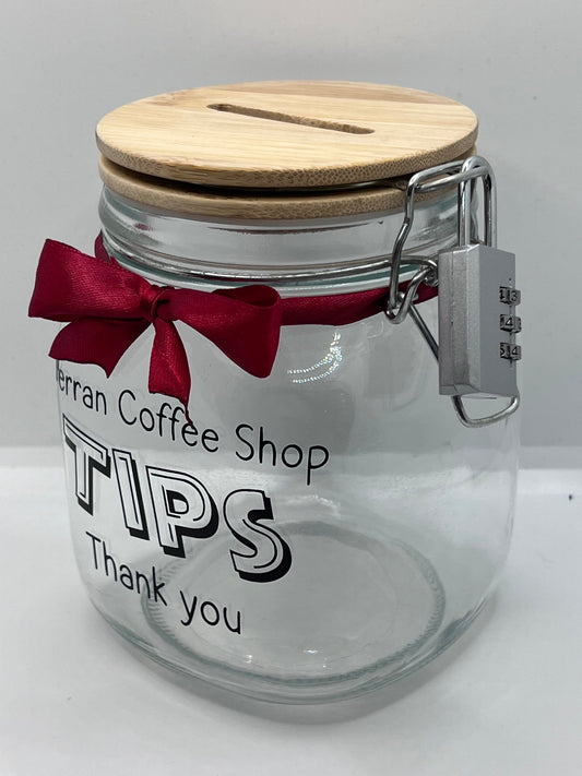 Personalised Tips glass jar Money Box . Savings jar . Business tips jar , hairdressers, cafes, etc. Money jar, coins and notes. 2 sizes…
