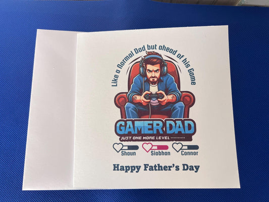 Father’s Day Card. 6x6 inch white card. Gaming dad with children’s names. personalised. great card for the Gamer dad out there. Birthday.