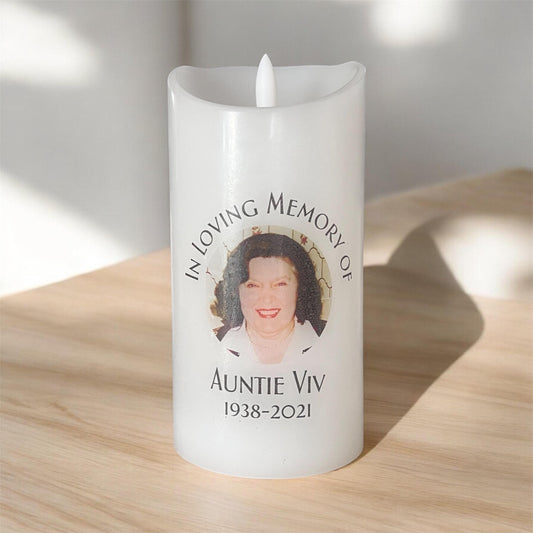 Memorial Candle personalised with photo. Memorial Keepsake. In loving memory of.  battery candle with image set in wax coating. fresh cotton