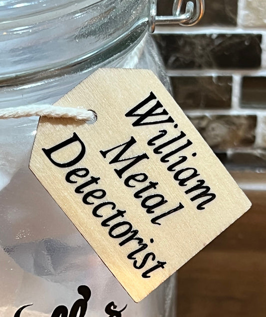 Personalised Metal detector Treasure finds jar. Detector gift, Storage Jar. Great way to store those finds. Male or female detector image.