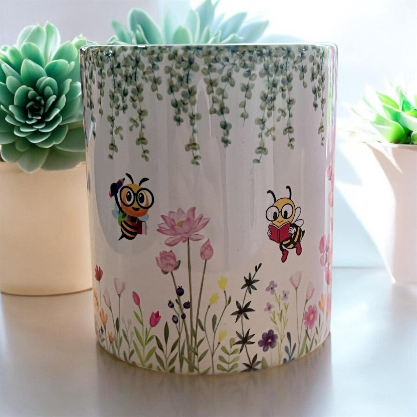 Teacher Gift. Personalised Teacher pens and pencils pot holder. Flower garden and bees  School pen pot. End of term gift.Now Matching Card