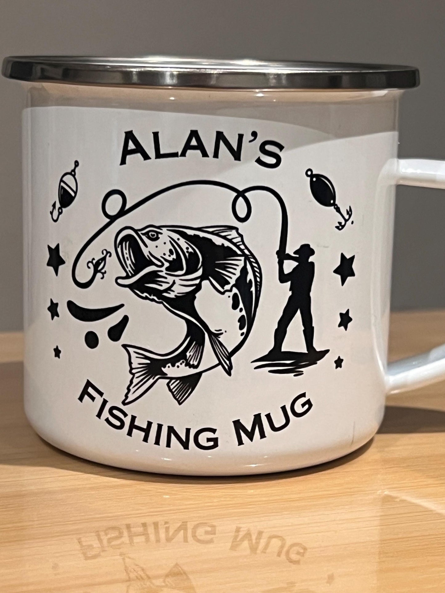 Fishing mug. Personalised fishing mug with name. image on both side 12oz enamel mug. camping mug. Angeler mug. Carp fishing. custom gift.