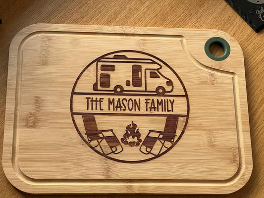 Personalised Motorhome engraved chopping board. Motorhome cutting board. Tourer or Tent design. Any name added.