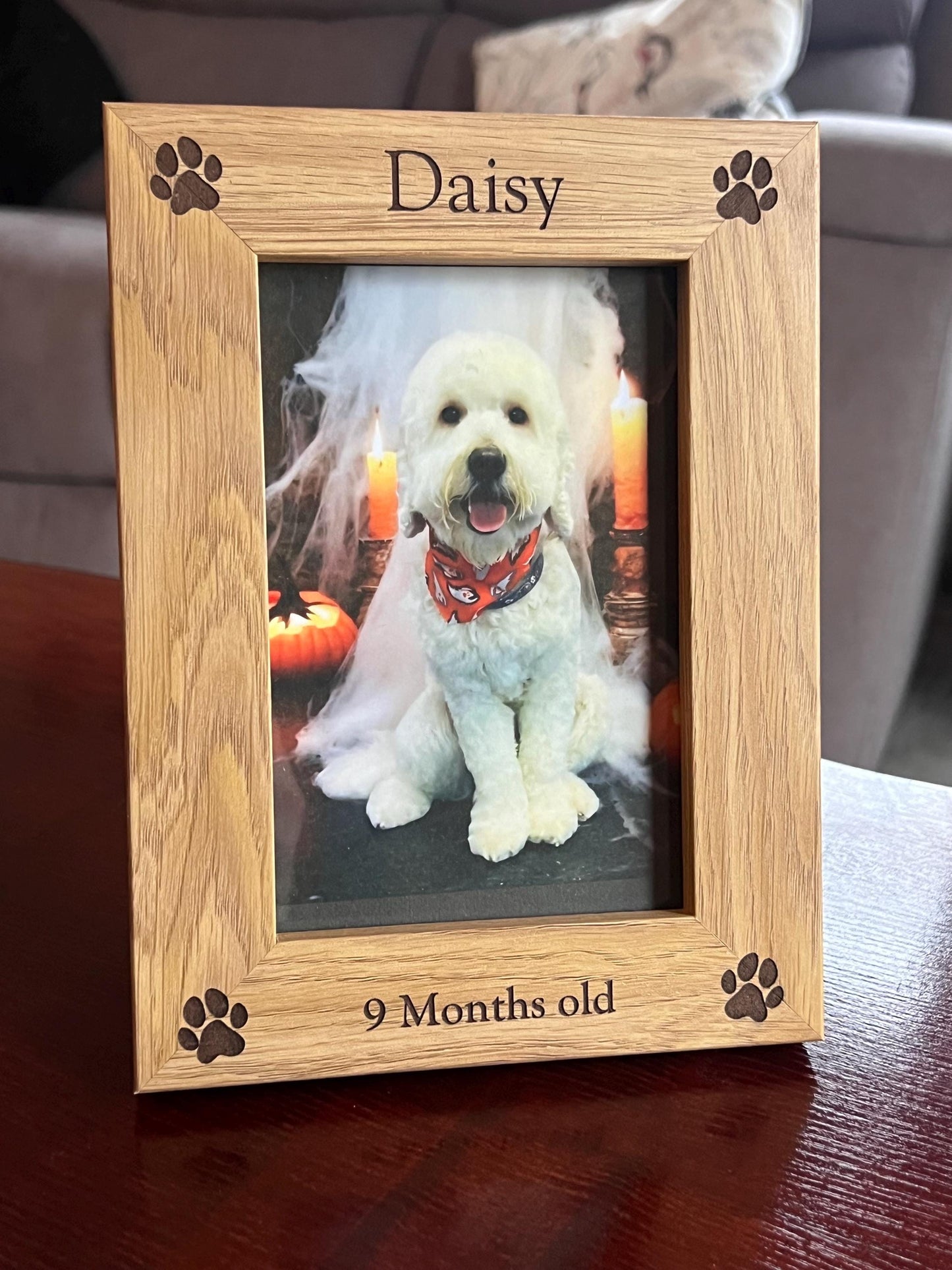 Engraved Dog photo frame personalised with name and date. For your Furry friend.  custom made with ANY wording.6x4 photo. Oak effect frame.