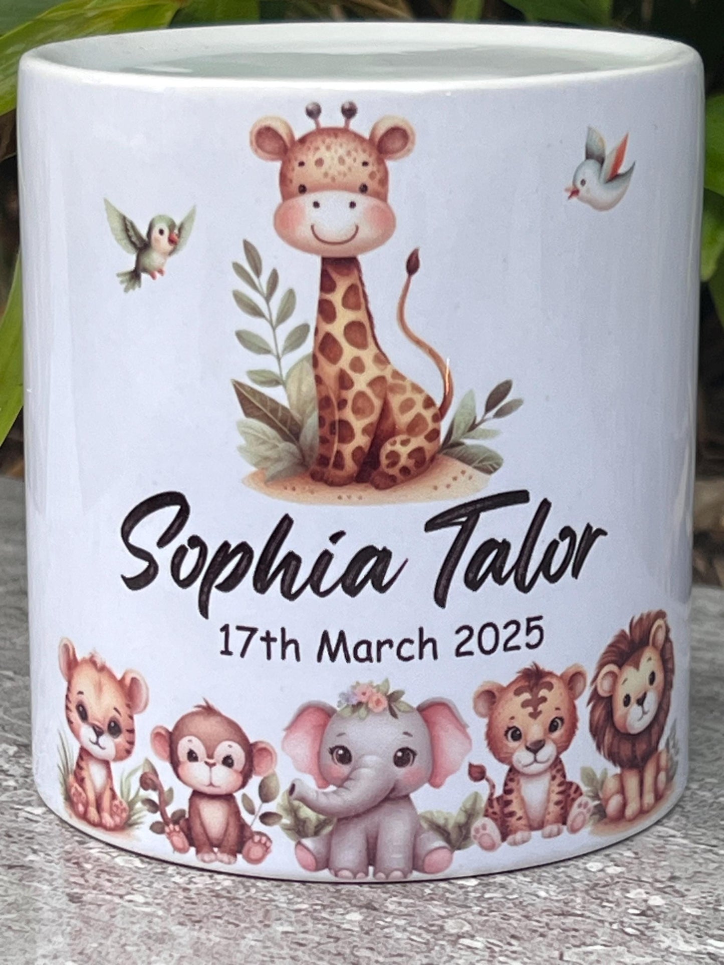 Personalised new baby gift | Baby animals | children’s money box |baby’s 1st Birthday gift | Christening gift | Naming day gift | Any words.