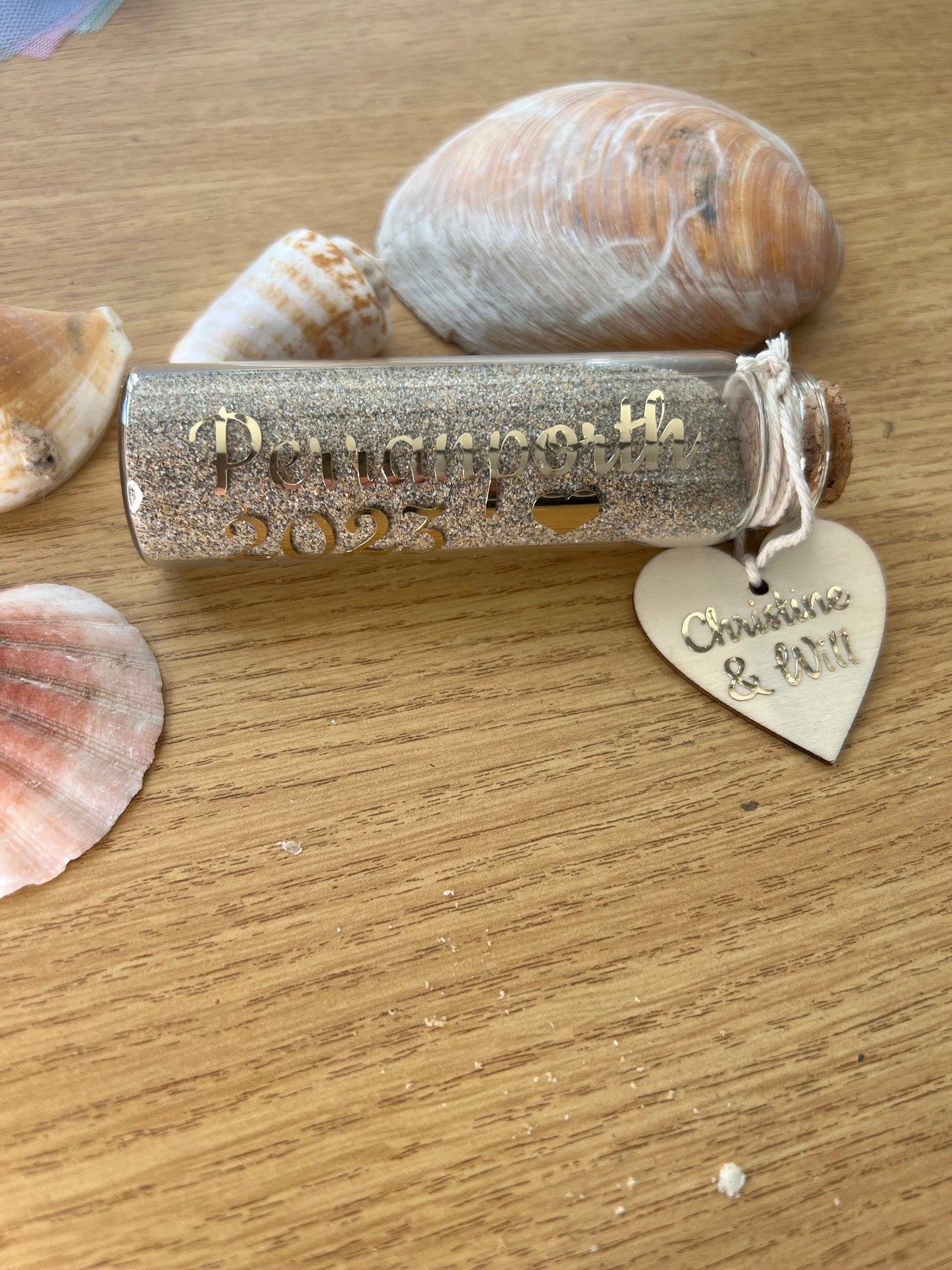 Personalised sand jar with cork stopper. Sand bottle. Wedding honeymoon special holiday etc. with wooden heart. Keepsake. Memories. 10.5cm