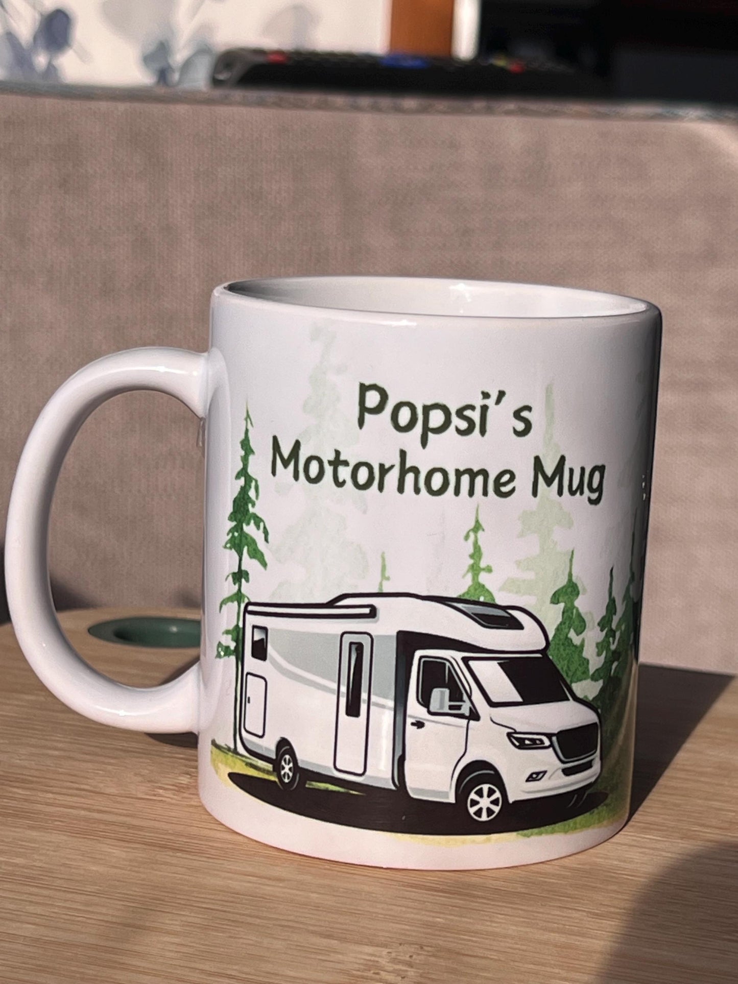 Motorhome personalised mug. Custom made with name. Motorhome set in a watercolour forest background. Motorhome gift.