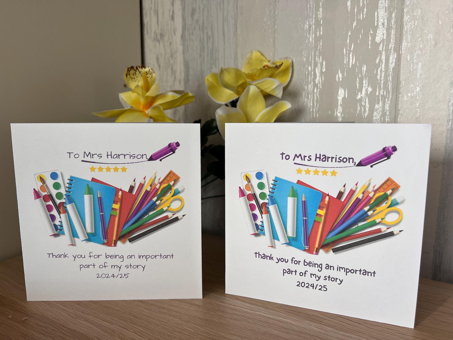 Teacher thank you card. Teacher end of year card. personalised with teachers name. 6x6 inch quality card and white envelope
