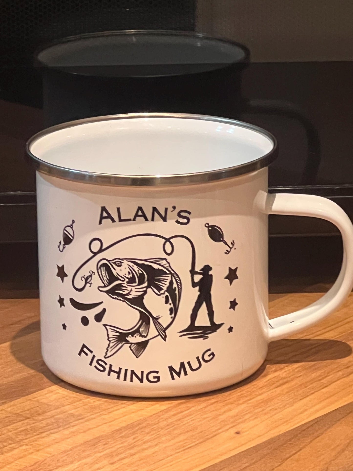 Fishing mug. Personalised fishing mug with name. image on both side 12oz enamel mug. camping mug. Angeler mug. Carp fishing. custom gift.