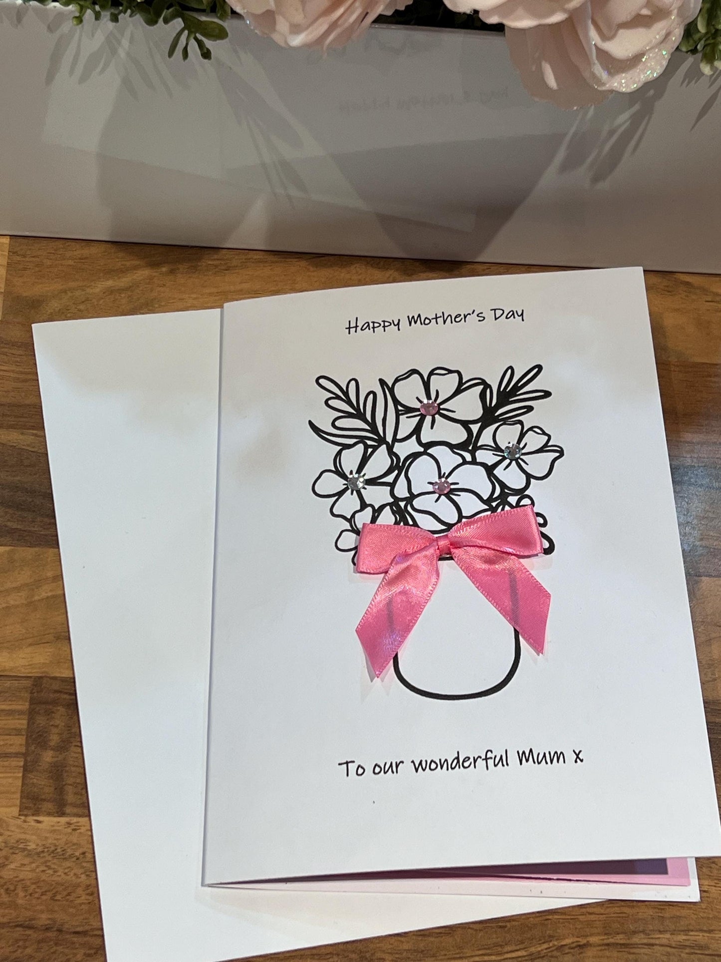 Happy Birthday card. Personalised card. Mum’s ,Nan-Mummy-Mimi-grandmother card. a5 Flowers and bow with inset. Custom  wording card  Quality
