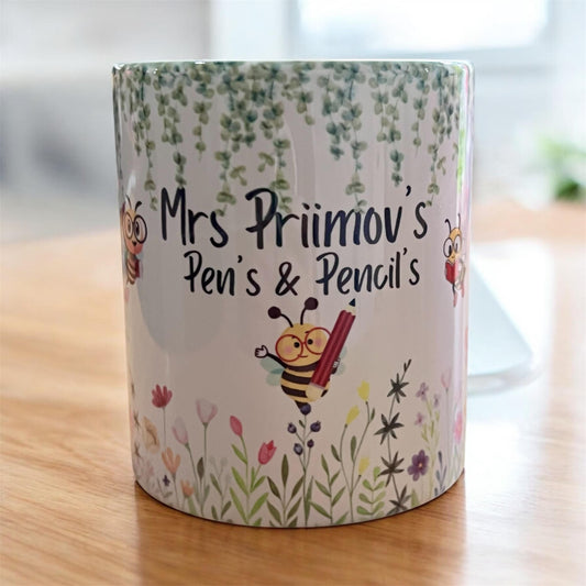 Teacher Gift. Personalised Teacher pens and pencils pot holder. Flower garden and bees  School pen pot. End of term gift.Now Matching Card