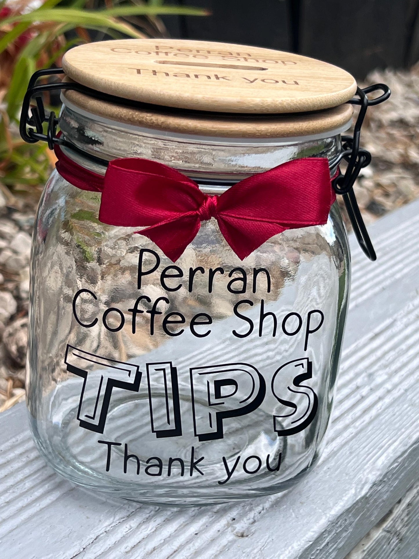 Personalised Tips glass jar with NEW Engraved Wooden Lid. Money Box  Savings jar . Business tips jar , hairdressers, cafes, etc. Money jar,