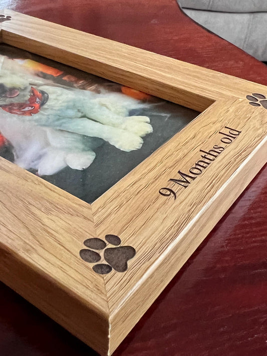 Engraved Dog photo frame personalised with name and date. For your Furry friend.  custom made with ANY wording.6x4 photo. Oak effect frame.