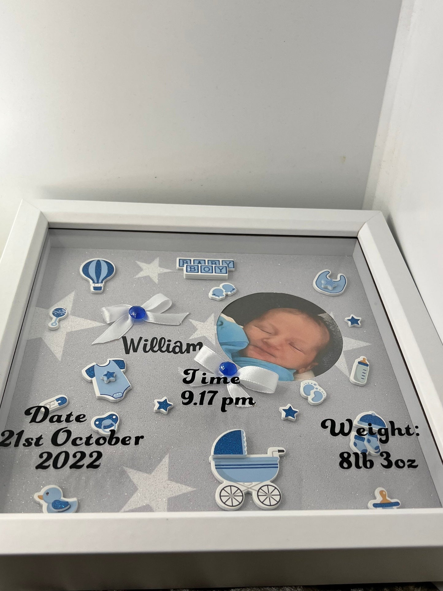 Personalised baby Boys birth memory box frame with photo. Christening gift,New baby gift. Nursery, Baby gift, baby birth details,Announcment