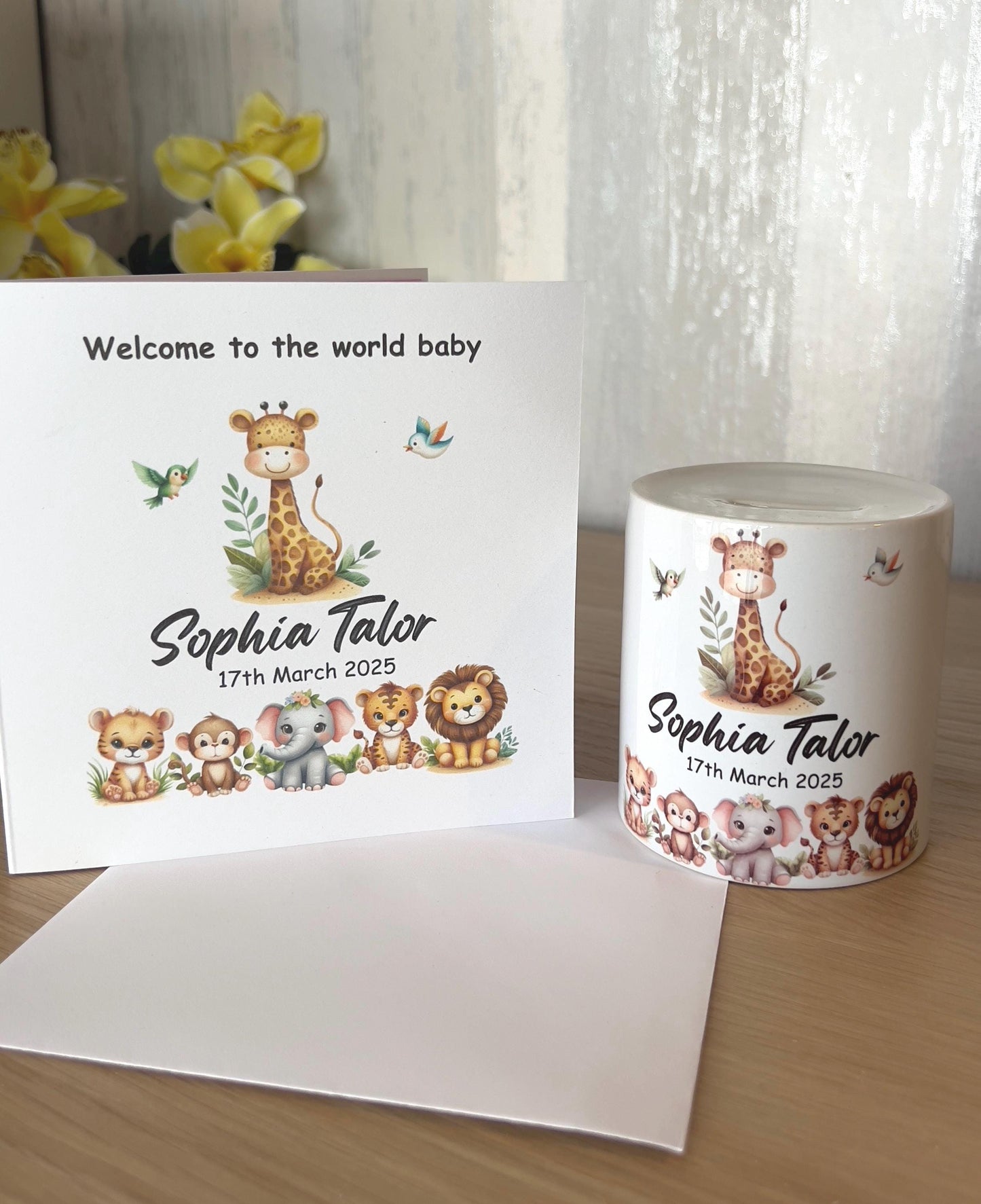 Personalised new baby gift | Baby animals | children’s money box |baby’s 1st Birthday gift | Christening gift | Naming day gift | Any words.