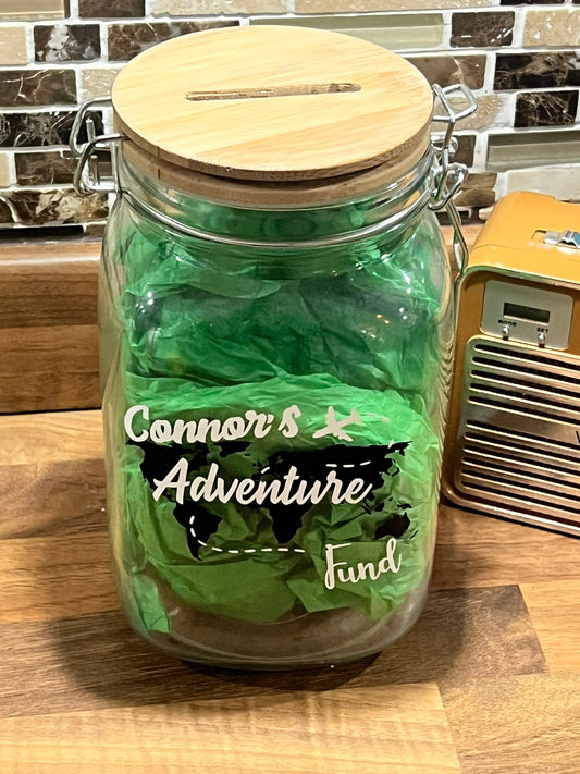 Adventure fund jar. Spring opening money jar slot. Piggy bank. Personalised
