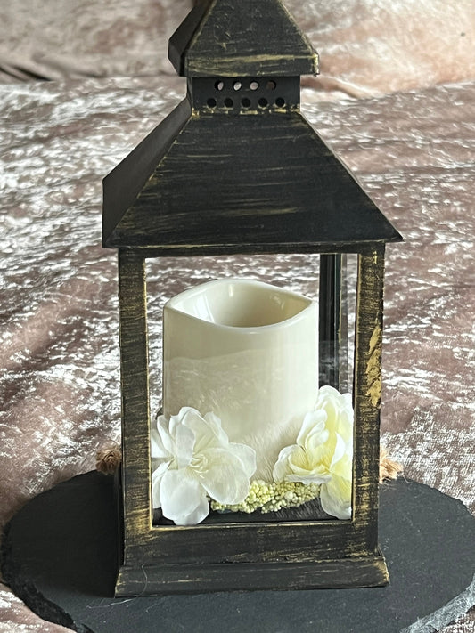 Floral Lantern Black with brushed gold for garden or home.