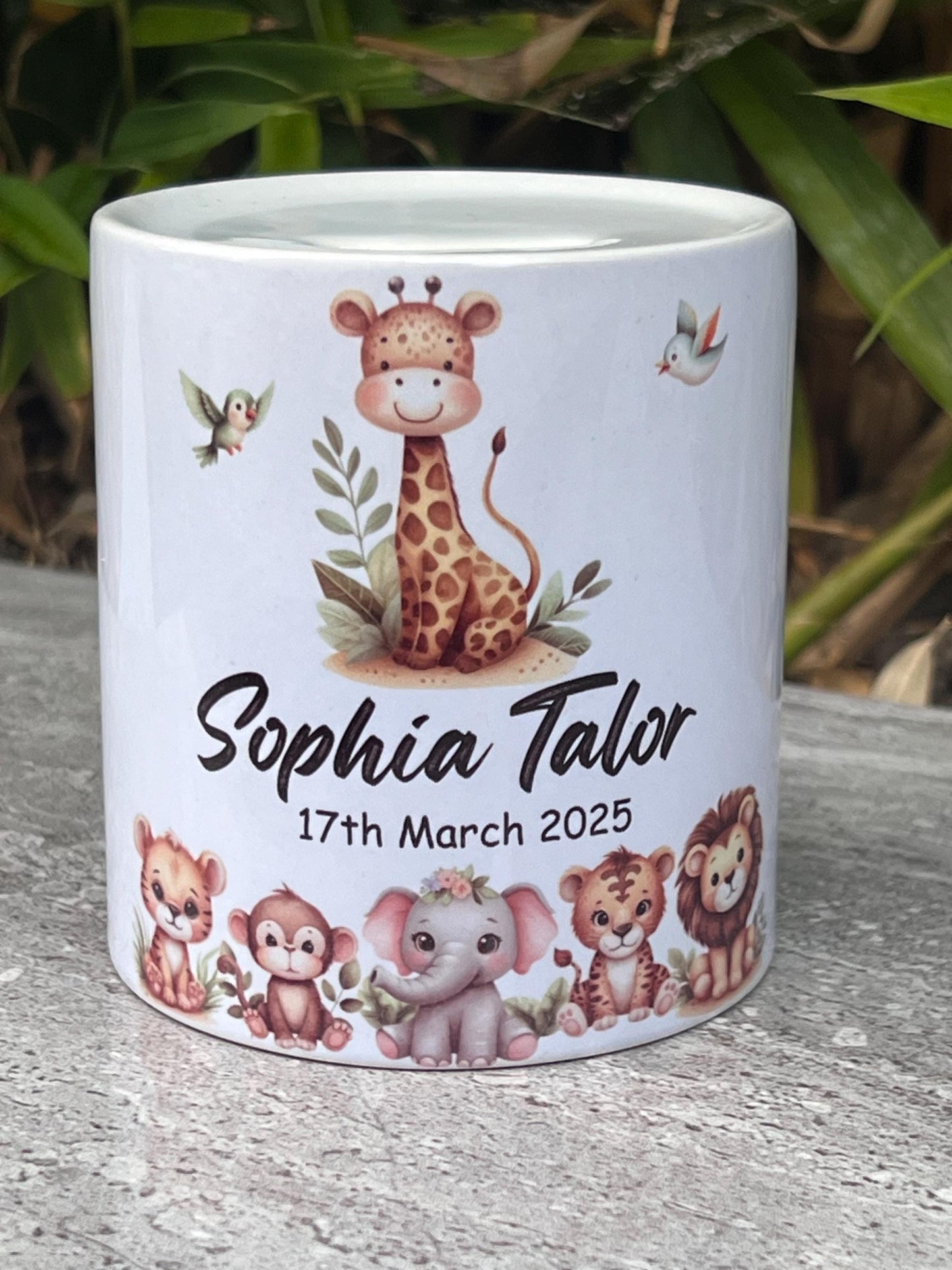 Personalised new baby gift | Baby animals | children’s money box |baby’s 1st Birthday gift | Christening gift | Naming day gift | Any words.