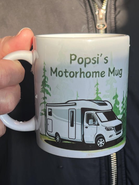 Motorhome personalised mug. Custom made with name. Motorhome set in a watercolour forest background. Motorhome gift.