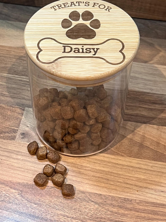 Dog treats jar personalised with name. engraved. pet treats storage jar, can be custom made to any words 1litre. Airtight bamboo lid.