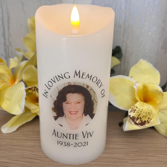 Memorial Candle personalised with photo. Memorial Keepsake. In loving memory of.  battery candle with image set in wax coating. fresh cotton