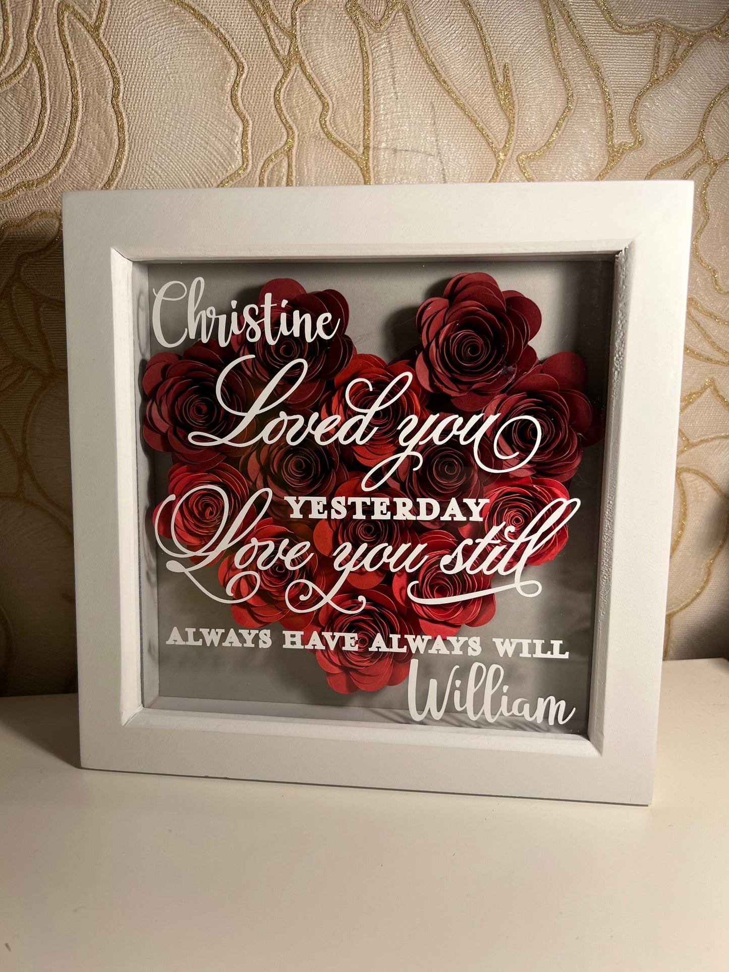 Shadow box heart, 3D rolled paper flowers personalised handmade paper roses, heart with verse, flower box,Valentines, 16.5 cm x 16.5cm frame