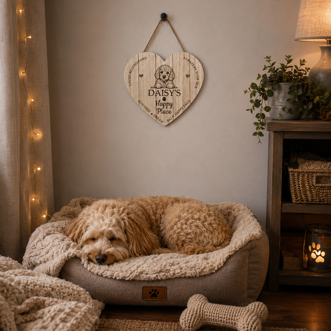 Personalised Dog Heart Plaque Sign – Laser Engraved Wooden Wooden Effect MDF Wall Hanging (23.5cm) – Custom Name & Breed Pet Gift or Dog Corner Decor