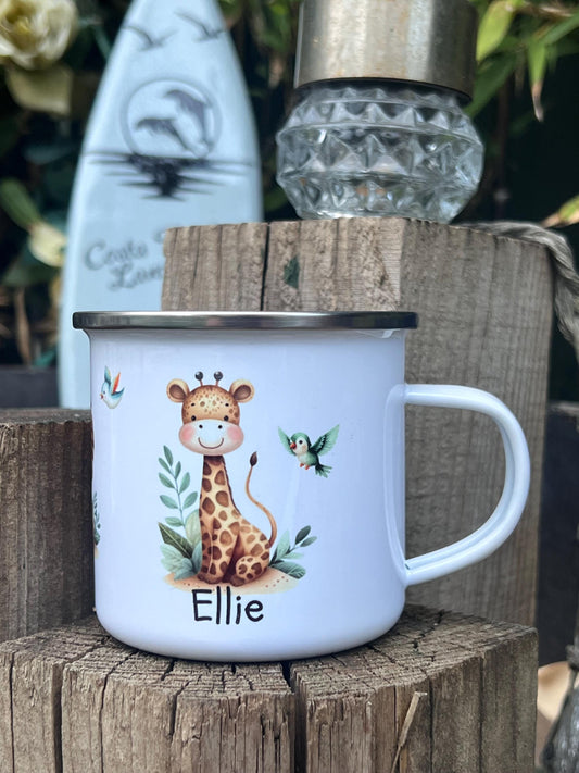 Childs cup. Personalised  enamel cup. Unbreakable kids cup. baby animals with child’s name on both sides. Child’s gift. Camping mug Kids cup