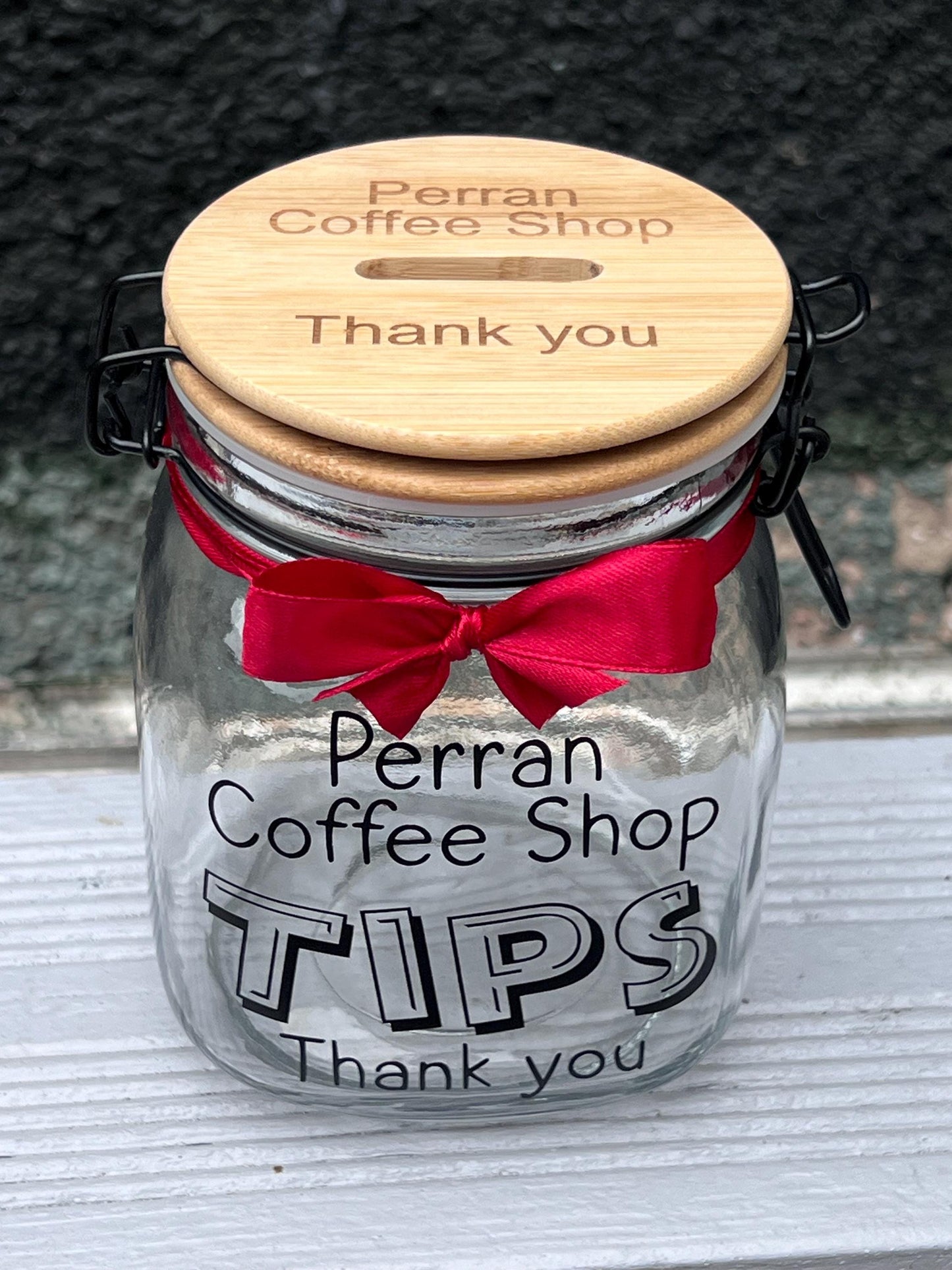 Personalised Tips glass jar with NEW Engraved Wooden Lid. Money Box  Savings jar . Business tips jar , hairdressers, cafes, etc. Money jar,