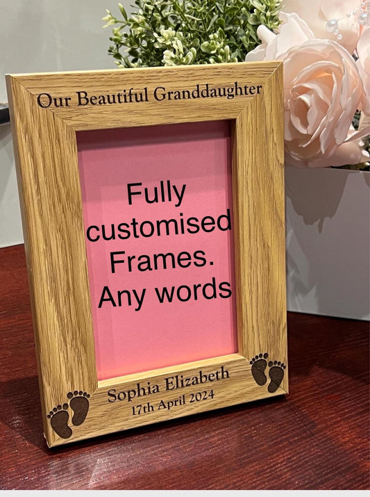 Baby photo frame, grandparents gift.  lovely oak effect engraved photo frame custom words. Baby announcement. Child-baby-family.