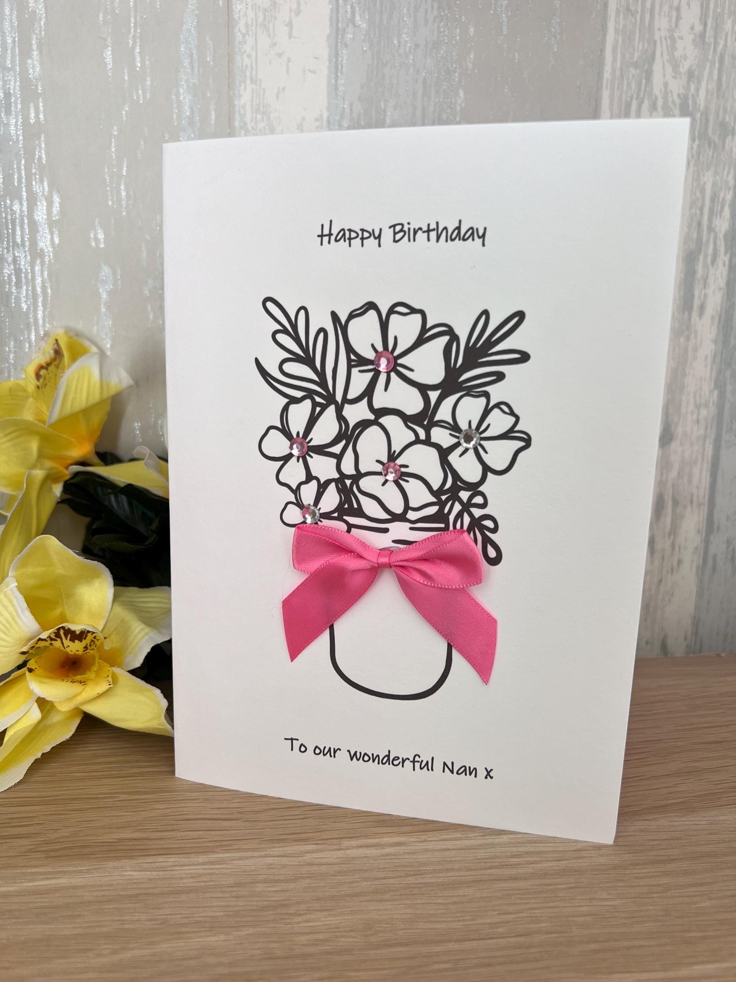 Happy Birthday card. Personalised card. Mum’s ,Nan-Mummy-Mimi-grandmother card. a5 Flowers and bow with inset. Custom  wording card  Quality