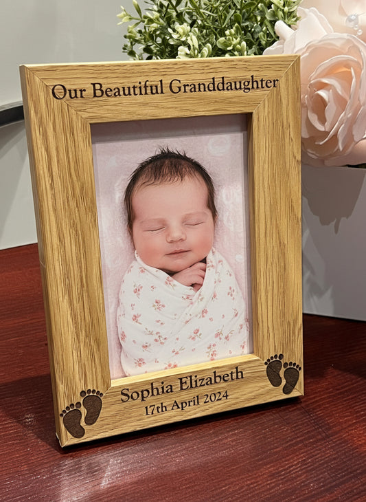 NEW: Personalised Oak Baby Photo Frame - Engraved Keepsake with Custom Names & Dates
