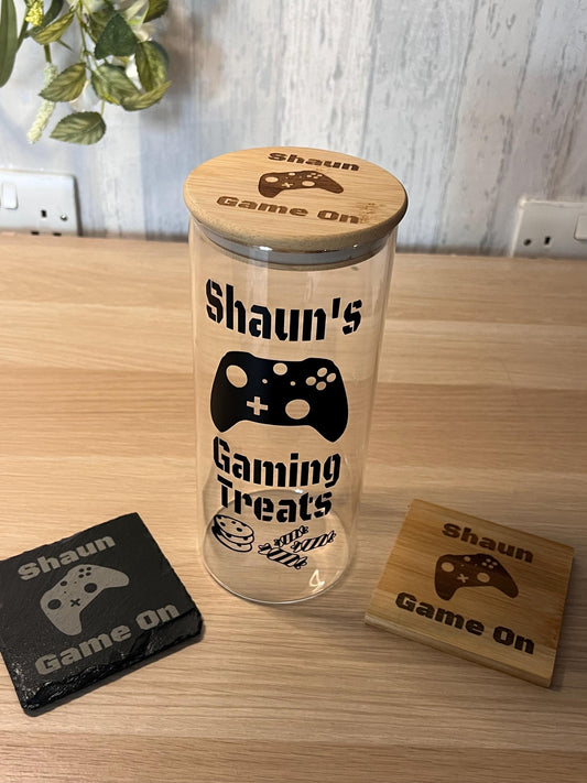 Personalised gaming jar /streaming treat jar. Engraved lid and choice of engraved coaster slate or wooden . Great gift for the gamer-console