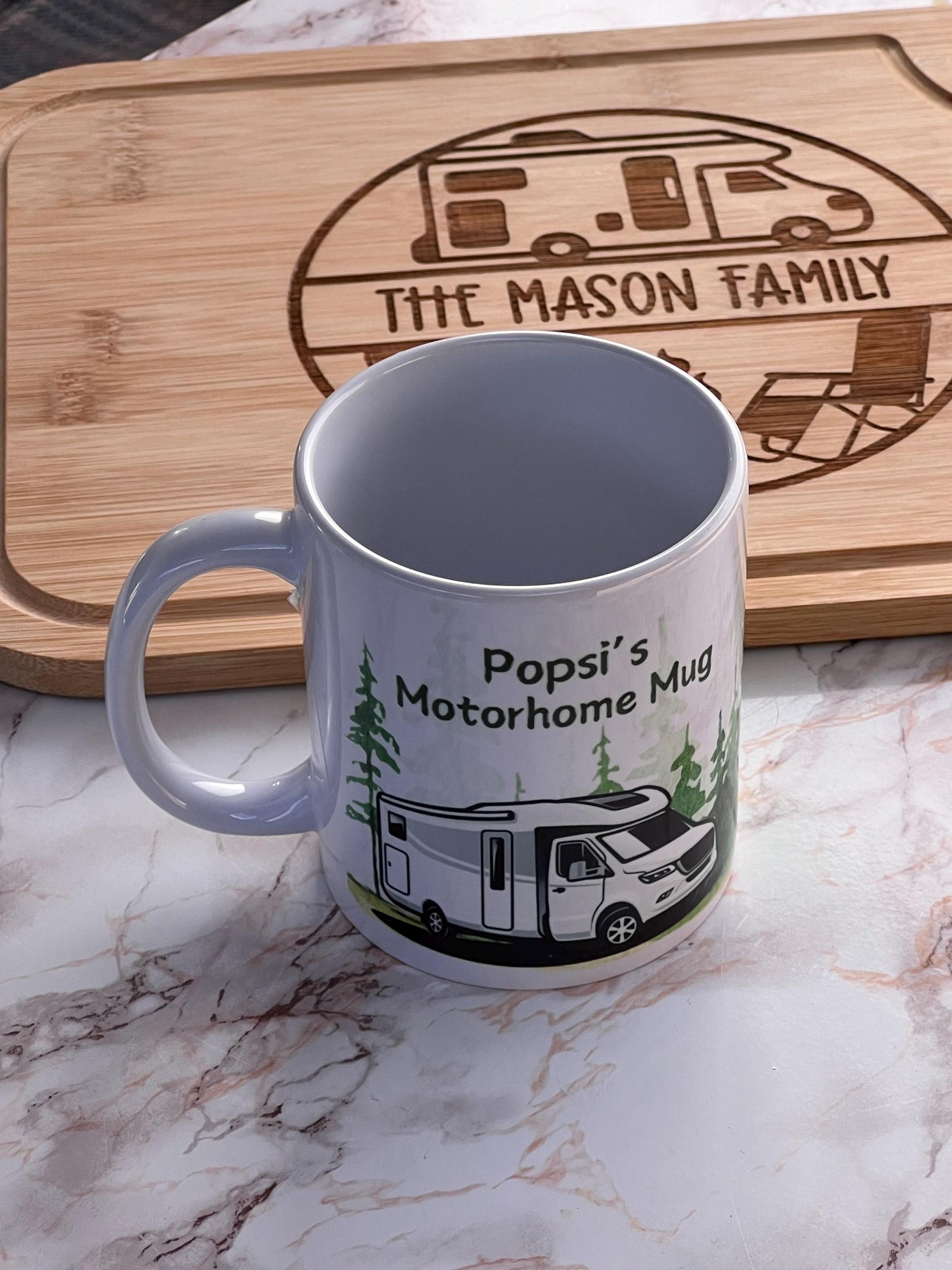 Motorhome personalised mug. Custom made with name. Motorhome set in a watercolour forest background. Motorhome gift.