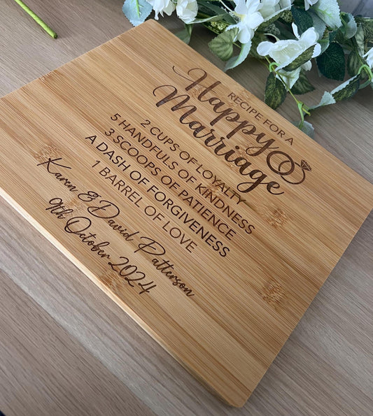 Engraved chopping board for a couple, happy marriage recipe. Custom with names and date. Anniversary-keepsake-gift-wedding gift