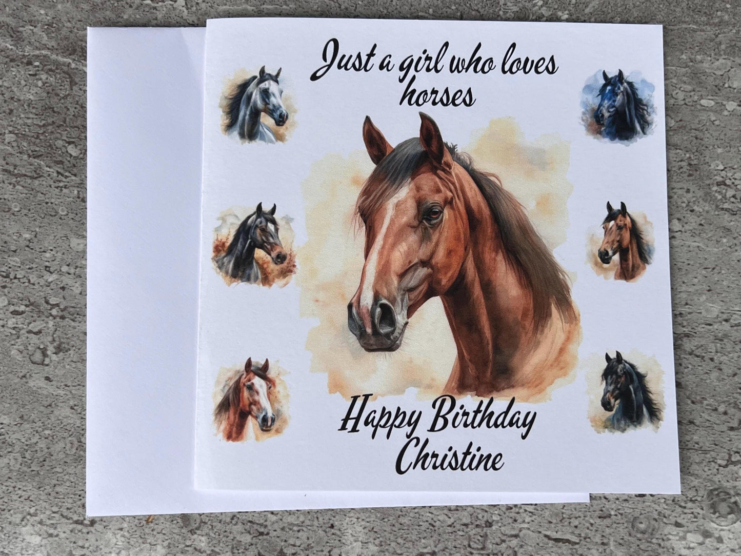 Horse Birthday card personalised. 6x6 quality card . Perfect card for the equestrian. can be custom ‘ Thank you’ Congratulations’ any words