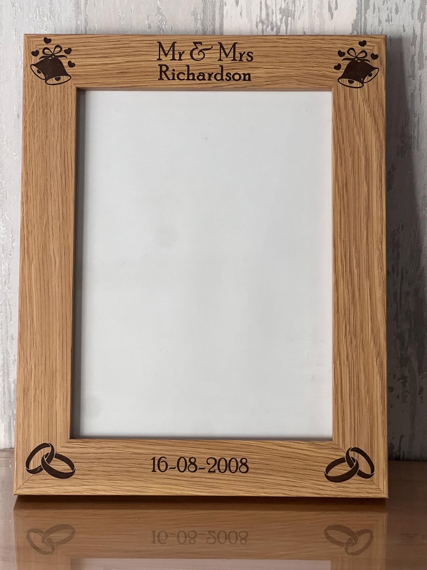 Wedding photo frame ,Anniversary gift, personalised engraved photo frame. oak effect frame custom engraved.
