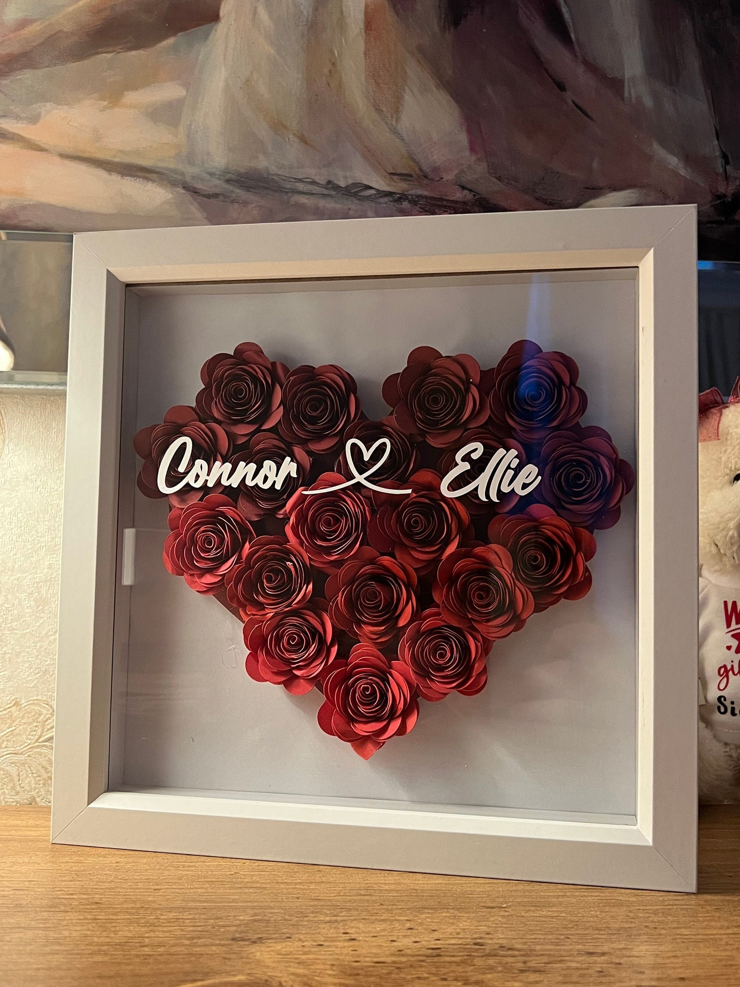 Shadow box heart, 3D rolled paper flowers personalised handmade roses, heart, Flower box Valentines, love, Anniversary,