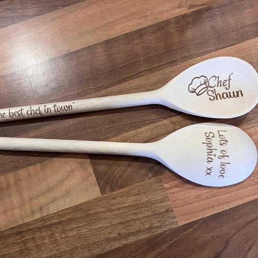 Personalised engraved wooden spoon. Great gift for that special chef or baker.  Laser Engraved both sides with message.