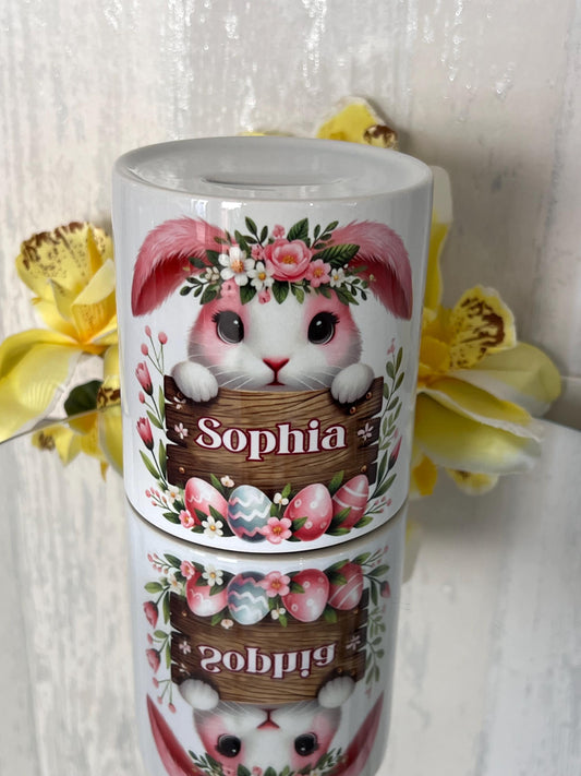 Easter bunny money box with name. cute gift for children at Easter to save pocket money. Easter money. personalised money box. Easter eggs