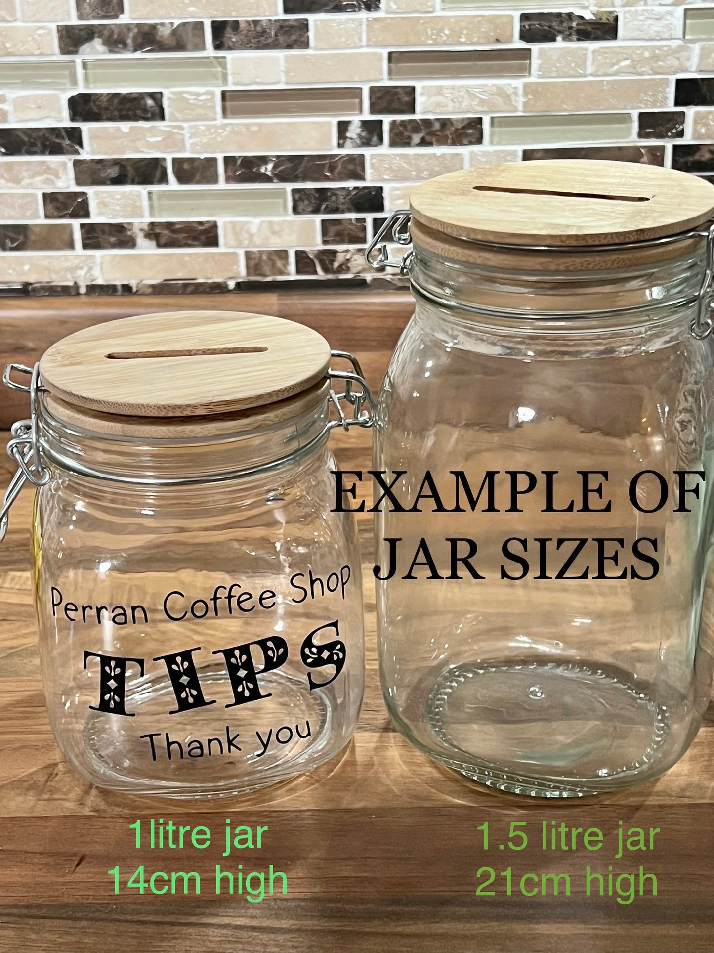Personalised Tips glass jar with NEW Engraved Wooden Lid. Money Box  Savings jar . Business tips jar , hairdressers, cafes, etc. Money jar,